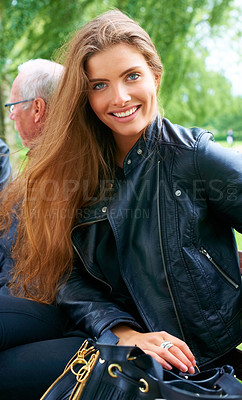 Buy stock photo A stunning brunette wearing a stylish leather jacket outside
