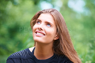 Buy stock photo Park, happy woman or thinking outdoors to relax on a holiday vacation in summer or nature. Face, looking up or thoughtful female person on break for ideas or mindfulness for scenic travel in forest