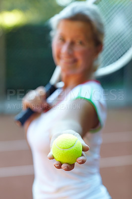 Buy stock photo Sports, tennis ball and woman athlete on a court for exercise, workout or training for competition. Fitness, equipment and confident young female person practicing or playing a game or match.