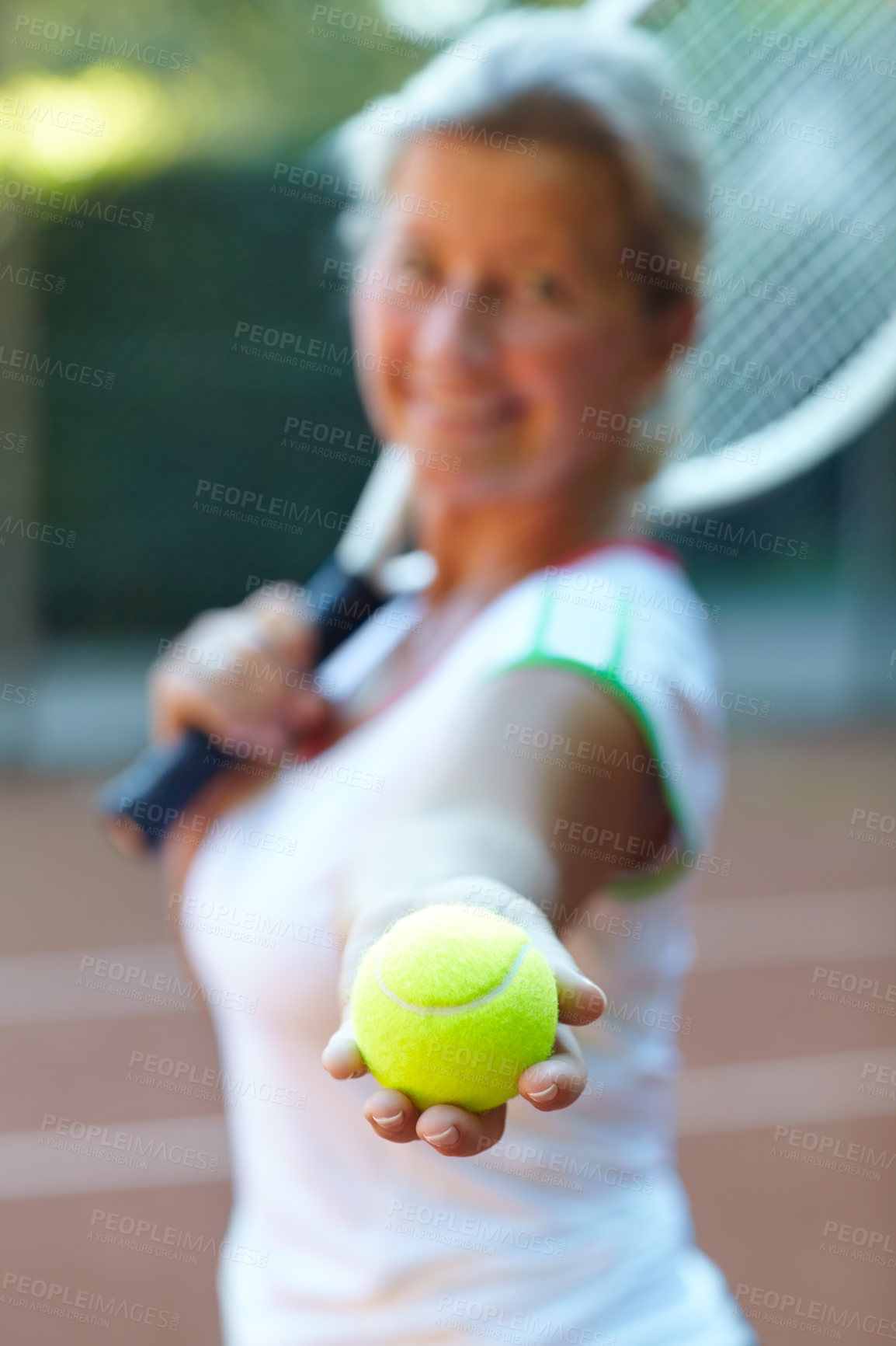Buy stock photo Sports, tennis ball and woman athlete on a court for exercise, workout or training for competition. Fitness, equipment and confident young female person practicing or playing a game or match.