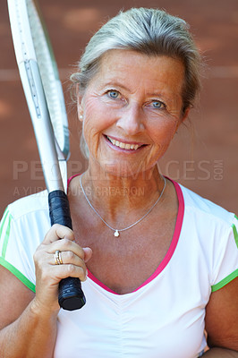 Buy stock photo Portrait, woman and tennis player with racket for sports training, workout or game competition, exercise and fitness. Happy face of mature person or professional athlete smile for outdoor practice