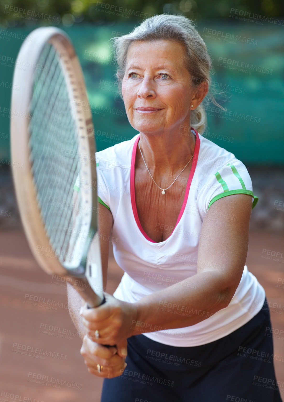 Buy stock photo Woman, tennis racket and ready serve on court for outdoor sport, competition or game match. Senior, female person and ball practice as retirement hobby or mobility training, exercise or summer fun