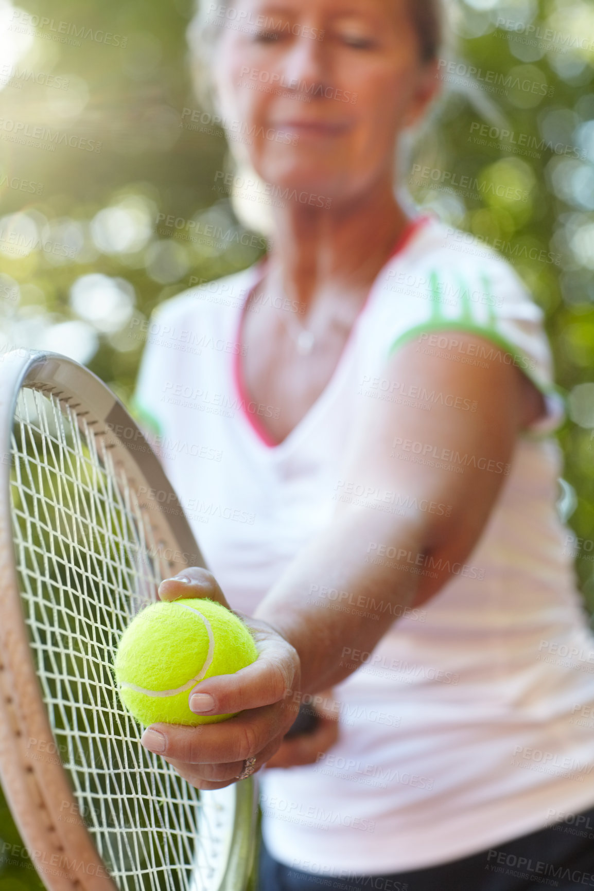 Buy stock photo Woman, tennis racket and ready serve or ball on court for outdoor, competition or game match. Senior, female person and bat practice as retirement hobby or mobility training, exercise or summer fun