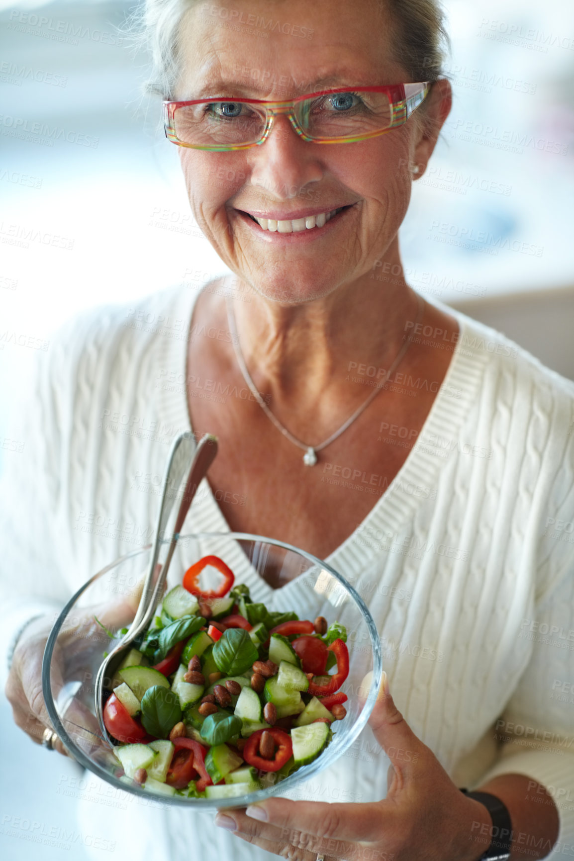 Buy stock photo Portrait, smile and senior woman with salad for healthy diet, nutrition and wellness in glasses. Face, happy person and bowl of vegetables, organic vegan food and benefits, detox and lunch in home