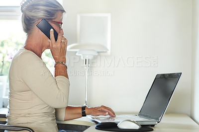 Buy stock photo Phone call, laptop and business woman in the office doing research on the internet for schedule planning. Technology, telephone and female secretary on a mobile conversation and working on computer.