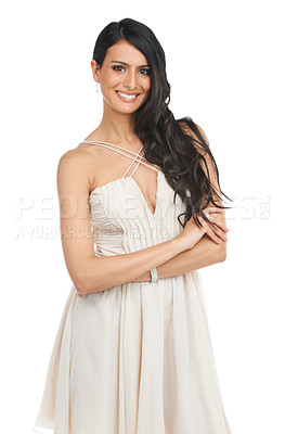 Buy stock photo Portrait, fashion and happy woman with arms crossed in dress in studio isolated on a white background. Smile, confident model and person in formal clothes, elegant or style for luxury party in Brazil