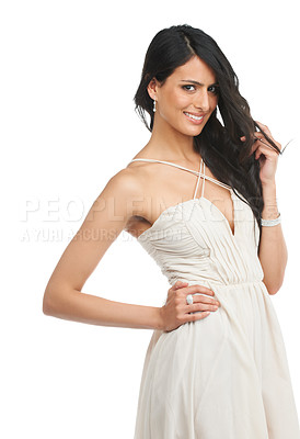 Buy stock photo Portrait, confidence and happy woman in dress for fashion in studio isolated on a white background. Smile, model and beauty of person in formal clothes, elegant and style for party or event in Brazil