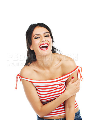 Buy stock photo Woman, portrait and laughter in studio for fun, humor and comedy with makeup and fashion on white background. Person, face and happiness with comic expression, carefree and freedom for joke or news