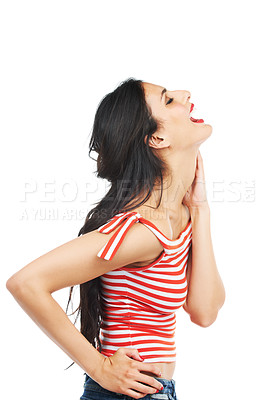 Buy stock photo Happy, laugh and profile of woman in studio with reaction to comic, joke or story on white background. Laughter, good mood and side of model with funny, smile or crazy, humor or positive attitude