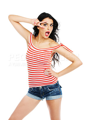 Buy stock photo Woman, surprised and peace sign in studio with fashion, trendy outfit or wow on white background. Person, face and shocked with v hands or expression with freedom, carefree and confidence or makeup