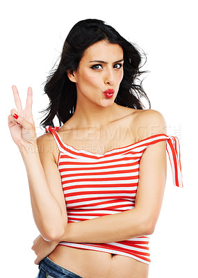 Buy stock photo Fashion, portrait and woman with peace, hands or kiss gesture in studio on white background. V, sign and face of female model with trendy outfit or thank you, cool or good vibes, emoji or expression