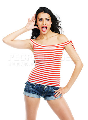Buy stock photo Wow, woman and portrait in studio or surprised for announcement, news or gossip on white background. Person, face and shocked or mouth open for promotion, discount or sale with expression or fashion