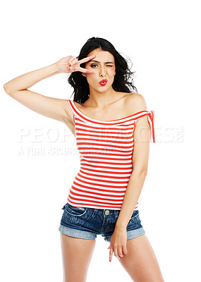 Buy stock photo Fashion, wink and woman face with peace, hands or kiss gesture in studio on white background. V, sign and portrait of lady model with trendy, outfit or thank you, cool or good vibes, emoji or mood