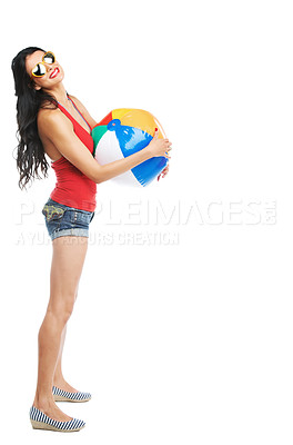 Buy stock photo Woman, smile or sunglasses with beach ball in studio for vacation, holiday or adventure on white background. Person, face or happiness in summer for experience with cool outfit, fun and mock up space