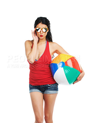 Buy stock photo Woman, smile and fashion with beach ball in studio for vacation, holiday or adventure on white background. Person, kiss or sunglasses in summer for experience with cool outfit, fun and mock up space