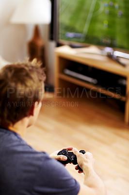 Buy stock photo Man, video game and home with tv, controller or back to relax with online competition in living room. Gamer person, playing or contest with click for strategy, streaming or digital challenge in house
