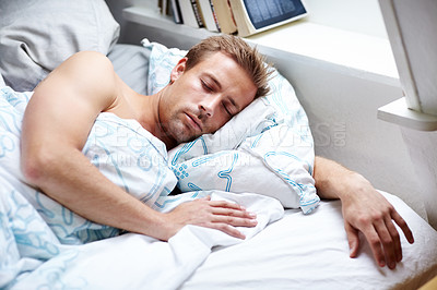 Buy stock photo Young guy sleeping in bed at home
