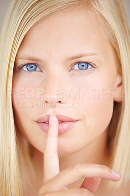Buy stock photo Woman, quiet and finger on lips in portrait with sign, secret deal or story for promotion by background. Girl, hand and mouth for silence icon, whisper or gossip for voice, news or privacy in closeup