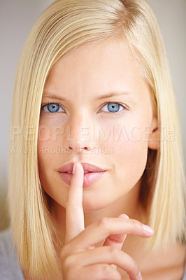Buy stock photo Woman, silence and finger on lips in portrait with sign, secret deal or story for promotion by background. Girl, hand and mouth for icon, whisper or gossip for quiet voice, news or privacy in closeup