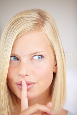 Buy stock photo Woman, top secret idea and finger on lips for sign, choice or deal with thinking for drama by background. Girl, hand and mouth for icon, whisper and gossip for decision, news or privacy in closeup