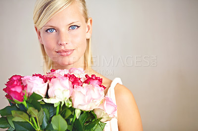 Buy stock photo Portrait, mockup and woman with bouquet roses, smile and gift for Valentines day, happiness and studio background. Face, female or lady with flowers, love and joyful with peace or romance on backdrop