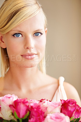 Buy stock photo Woman, bouquet and pink roses in portrait, present and natural plants with beauty on birthday. Girl, flowers and makeup with gift, prize or valentines day celebration at event with reward giveaway