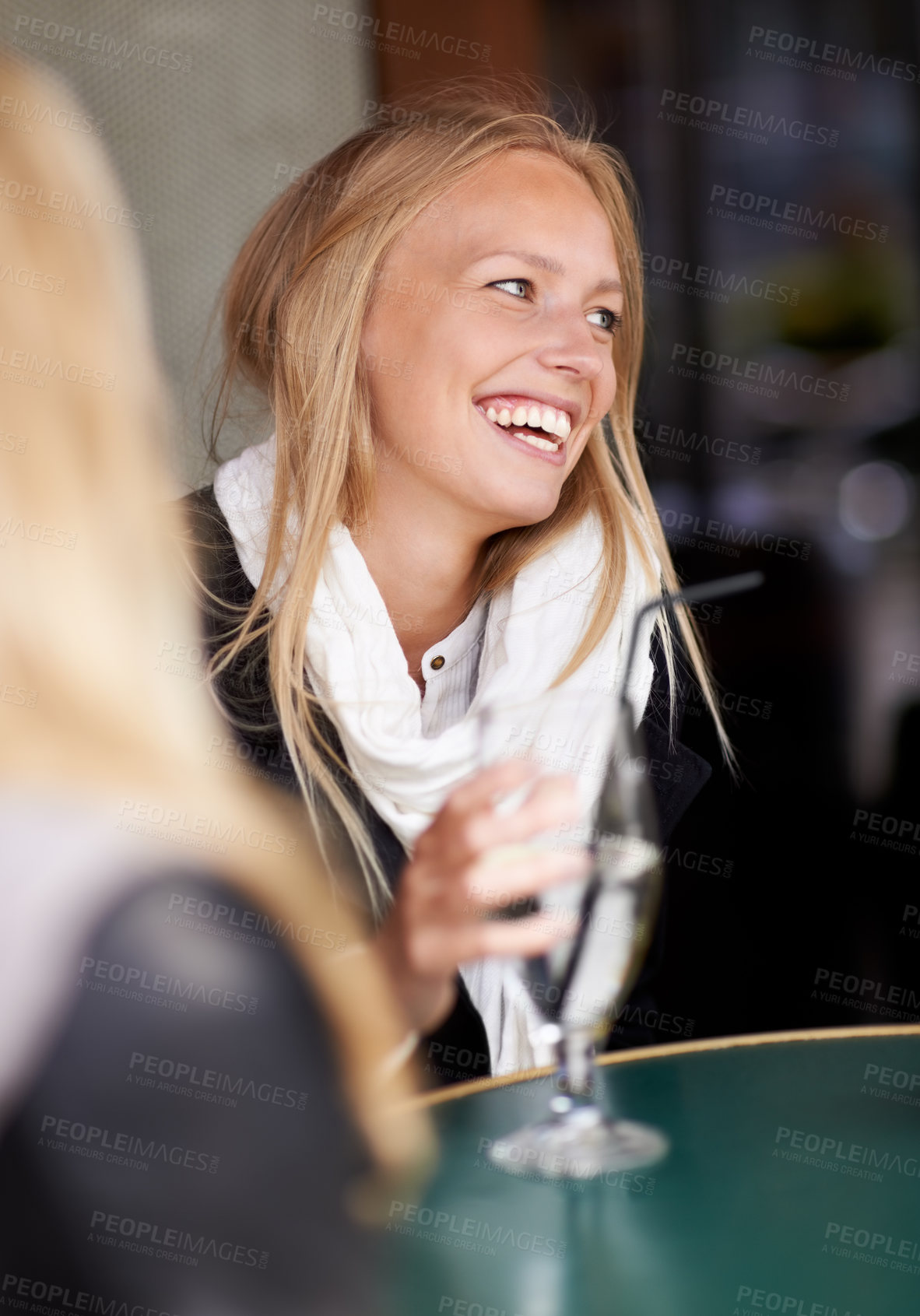 Buy stock photo Friends, woman and drink in a cafe, relax and happiness with conversation, weekend break and laughing. People, girl and restaurant with a glass, speaking and funny with humor, talking and discussion