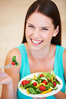 Buy stock photo Happy woman, portrait and food or healthy salad with vegetables, nutrition and health benefits. Face of a happy female person on nutritionist diet and eating vegan for weight loss, wellness or detox