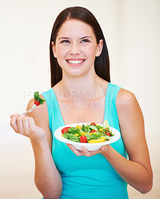 Buy stock photo Woman, thinking and salad or healthy food with vegetables, nutrition and health benefits. Face of a happy female person on a nutritionist diet and eating vegan for weight loss, wellness or detox idea