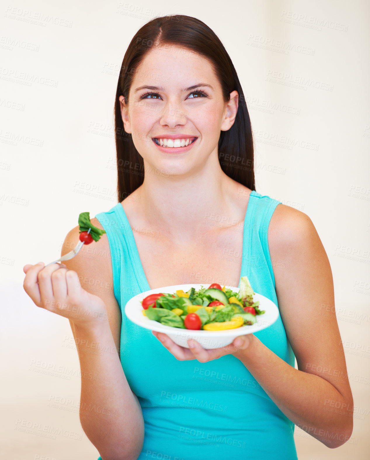 Buy stock photo Woman, thinking and salad or healthy food with vegetables, nutrition and health benefits. Face of a happy female person on a nutritionist diet and eating vegan for weight loss, wellness or detox idea