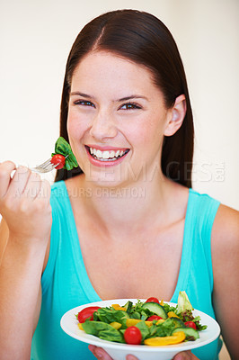 Buy stock photo Salad, healthy food and portrait of a happy woman with vegetables, nutrition and health benefits. Face of a female person on a nutritionist diet and eating vegan for weight loss, wellness or detox