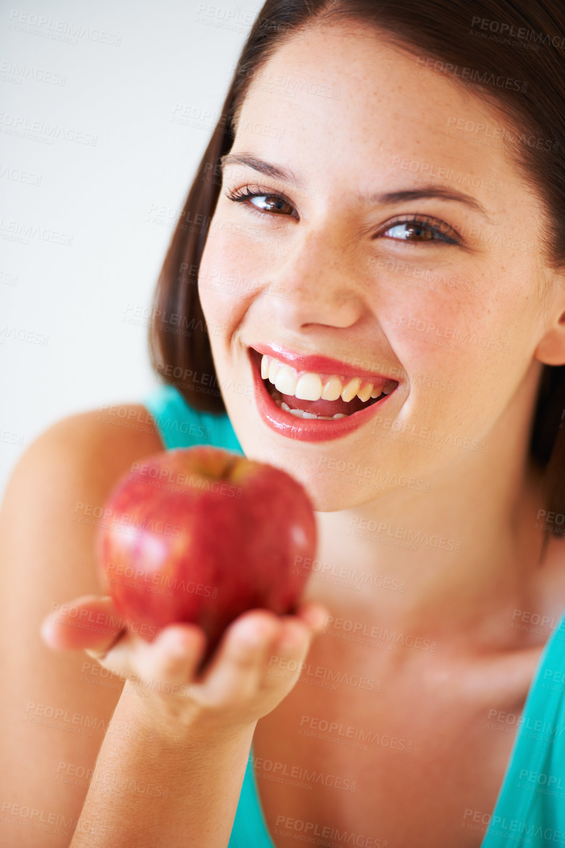 Buy stock photo Health, happy and portrait of woman with apple for nutrition, wellness and snack in studio. Food, balance diet and face of person with fruit for vitamins, detox and lose weight on white background