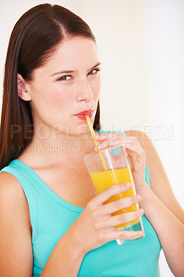 Buy stock photo Health, drink and portrait of woman with juice for nutrition, wellness and hydration in studio. Happy, smile and face of person with fruit blend for vitamins, detox and diet on white background