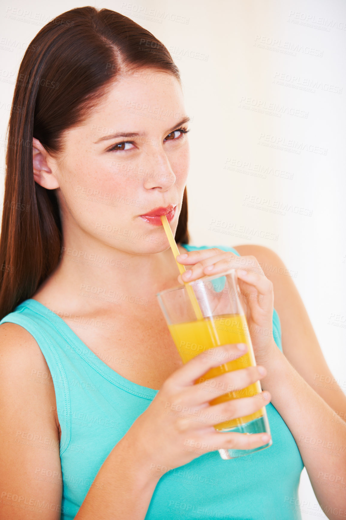 Buy stock photo Health, drink and portrait of woman with juice for nutrition, wellness and hydration in studio. Happy, smile and face of person with fruit blend for vitamins, detox and diet on white background