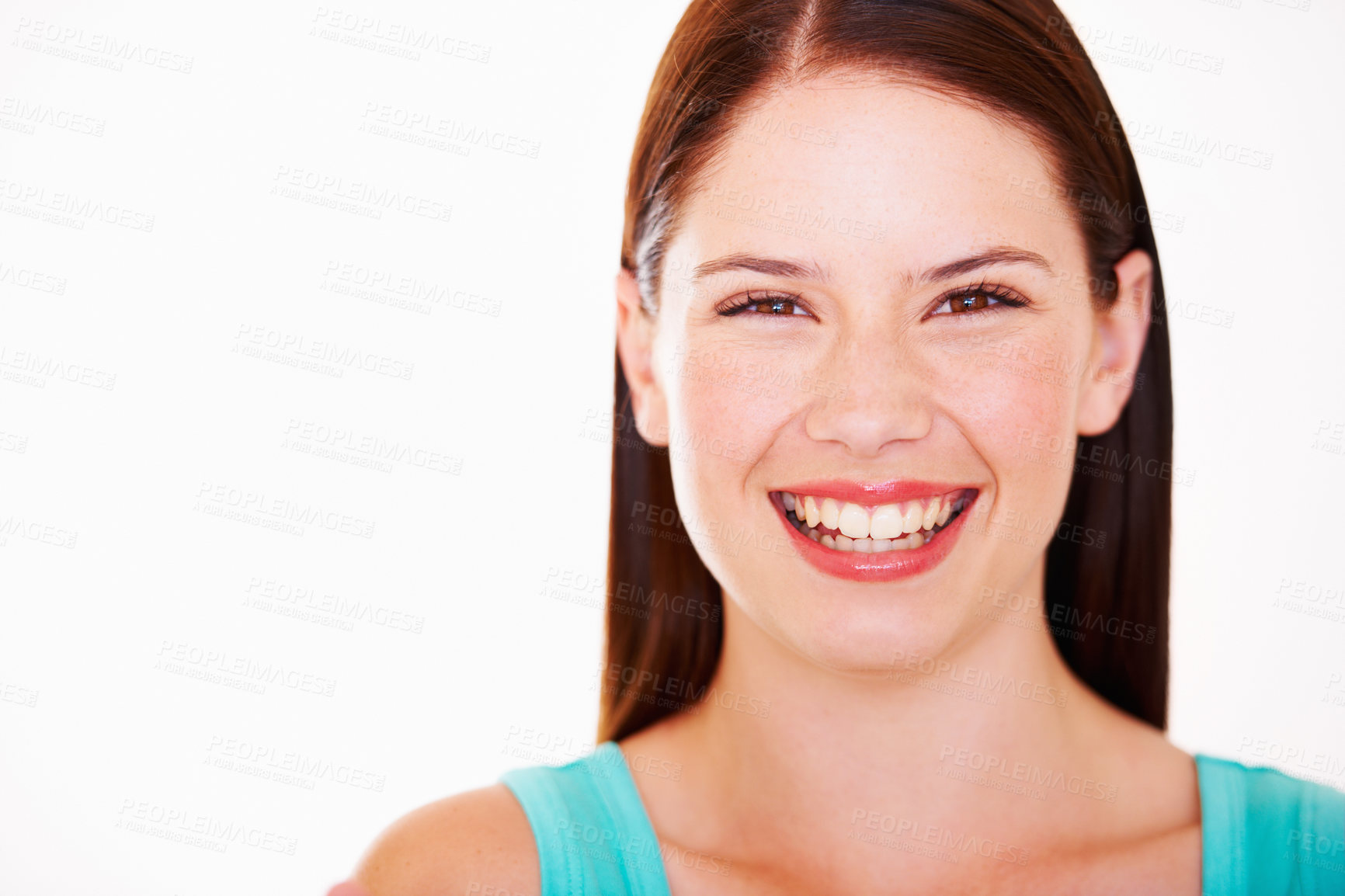 Buy stock photo Happy, smile and portrait of woman on a white background with confidence, natural beauty and pride. Health, skincare and face of isolated person with positive attitude, happiness and joy in studio