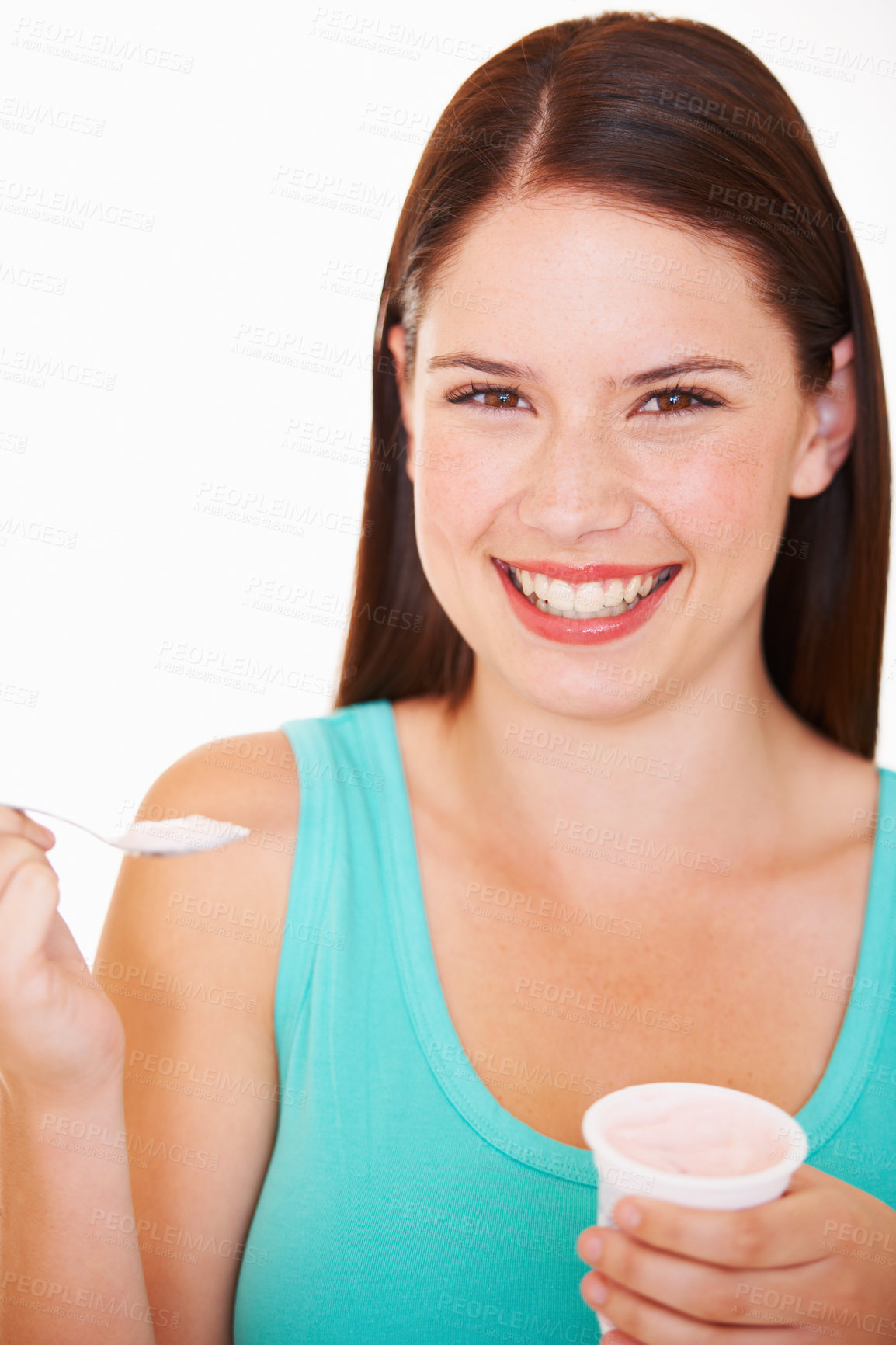 Buy stock photo Eating, yogurt and portrait of woman with healthy food, diet or nutrition in studio with happiness. Happy, face and girl with spoon, yoghurt and strawberry flavor of dairy, product or breakfast snack