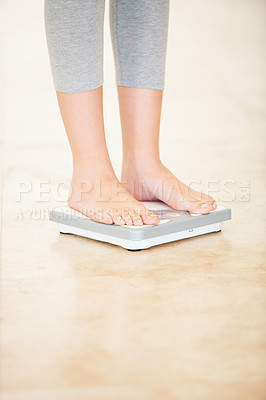 Buy stock photo Woman, weight loss and feet on scale for measurement, goal and control diet for health and wellness. Fitness, scales and person measuring, check and weighing body, mass and electronic device or tech