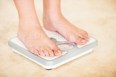 Buy stock photo Woman, weight loss and feet on scale for measurement, goal and control diet for health and wellness. Fitness, scales and closeup measuring, check and weighing body, mass and electronic device or tech