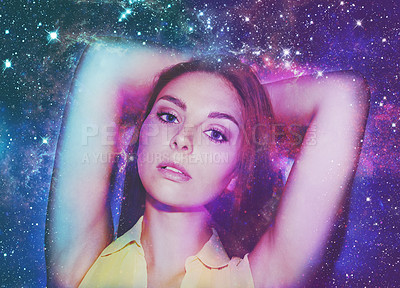 Buy stock photo Woman, portrait and double exposure with stars, space and fantasy for art, cosmos or shine with solar system. Girl, galaxy and color with universe, nebula or milky way for night sky overlay on face