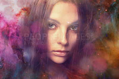 Buy stock photo Woman, portrait and galaxy for, star dust, fantasy and nebula for art, cosmos or double exposure for solar system. Girl, outer space and color in overlay for universe, milky way and night sky on face