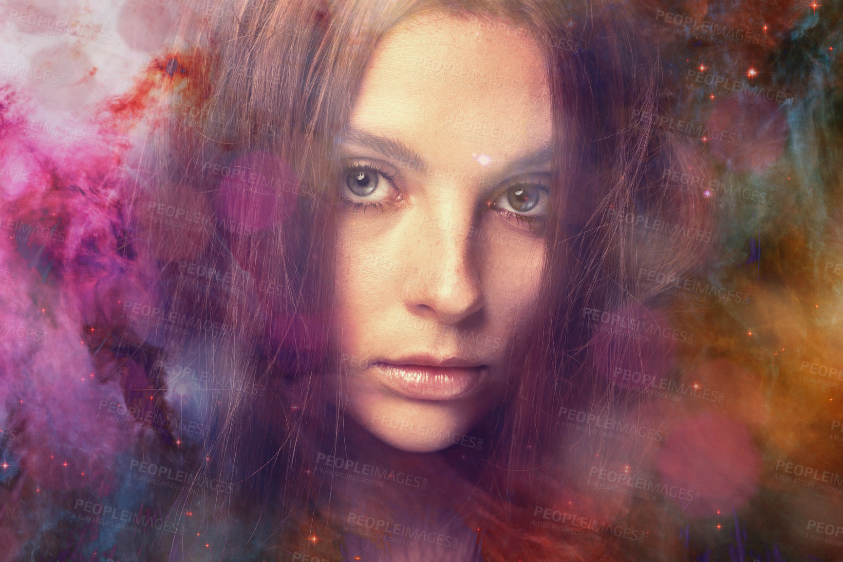 Buy stock photo Woman, portrait and galaxy for, star dust, fantasy and nebula for art, cosmos or double exposure for solar system. Girl, outer space and color in overlay for universe, milky way and night sky on face