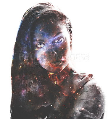 Buy stock photo Woman, portrait and double exposure with galaxy, space and fantasy for art, cosmos and shine by white background. Girl, solar system and color with universe, nebula or milky way for night sky on face