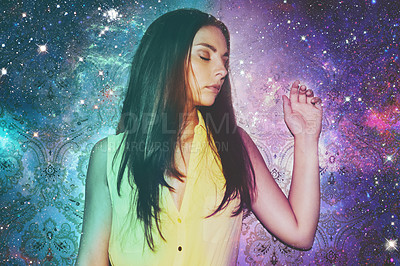 Buy stock photo Woman, double exposure and stars in space, fantasy and art in cosmos, shine and thinking in solar system. Girl, galaxy and color with universe, nebula or milky way for night sky overlay with fashion