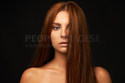 Buy stock photo Hair care, portrait or woman with beauty, skincare or results for glow, shine or collagen in studio. Black background, face or serious model with cosmetics for treatment, healthy texture or growth