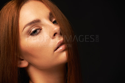 Buy stock photo Hair care, portrait or woman with beauty space, skincare or results for glow, shine or collagen in studio. Black background, face or girl model with mockup for treatment, healthy texture or growth