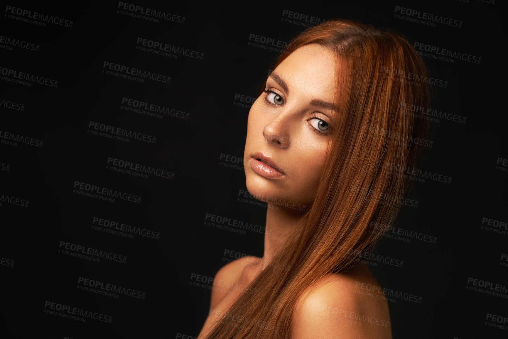 Buy stock photo Hair care, portrait or model with beauty space, skincare or results for glow, shine or collagen in studio. Black background, face or natural woman with mockup for treatment, healthy texture or growth