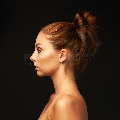 Buy stock photo Hair care, profile or model with beauty space, skincare or results for glow, shine or collagen in studio. Black background, salon or natural woman with mockup for treatment, healthy texture or growth