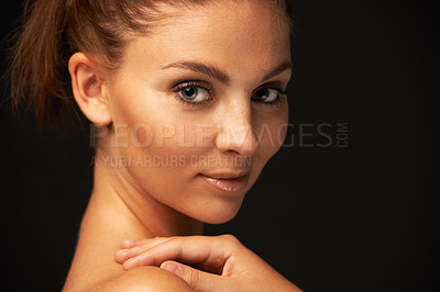 Buy stock photo Portrait of a beautful woman on a black background