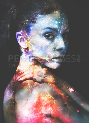 Buy stock photo Woman, portrait and double exposure with galaxy, stars and fantasy for art, cosmos and shine by black background. Girl, outer space and color with universe, nebula or milky way with night sky on face