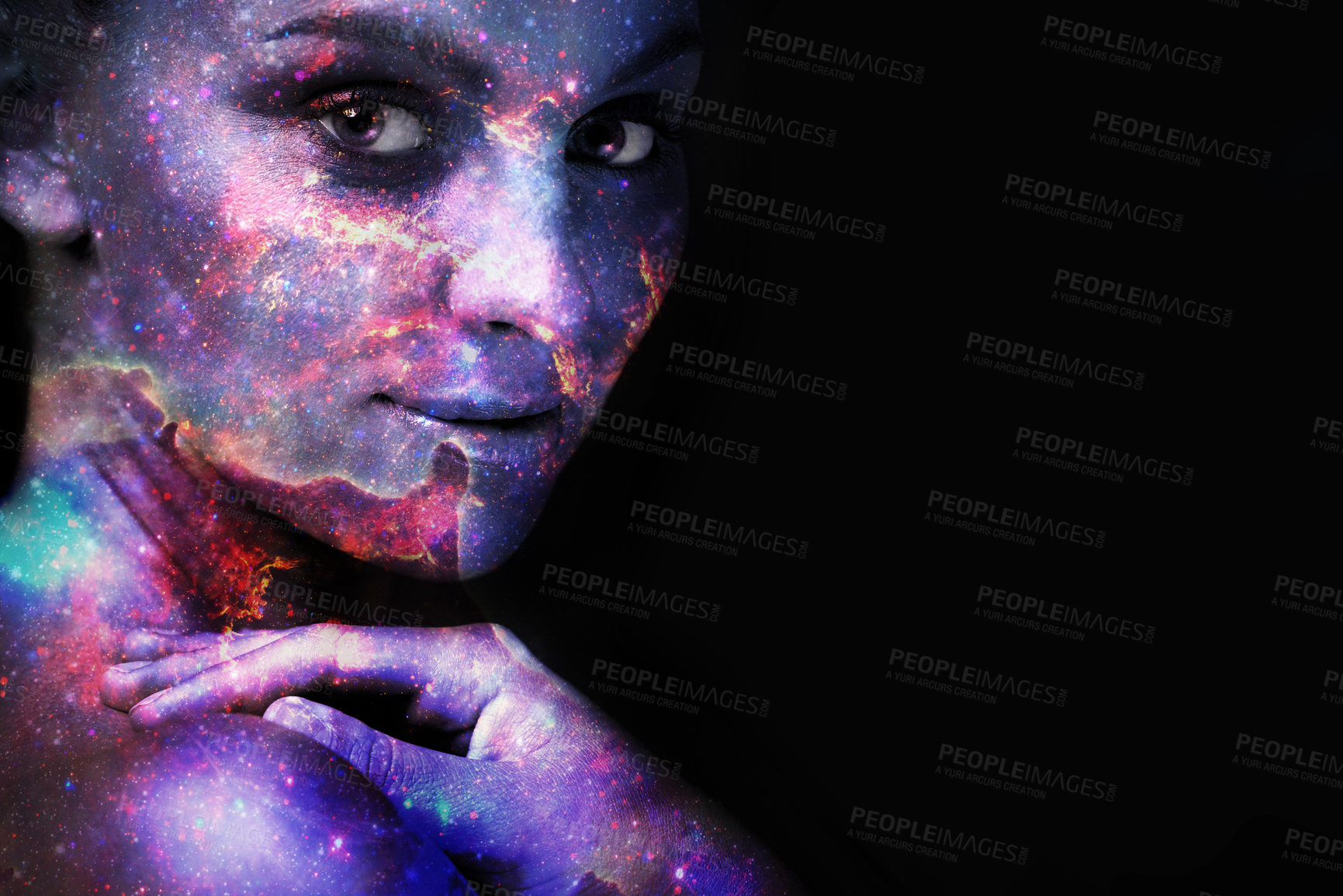 Buy stock photo Woman, portrait and double exposure for universe, stars or fantasy for art, cosmos and shine by black background. Girl, mockup space or overlay with galaxy, nebula or milky way with night sky on face